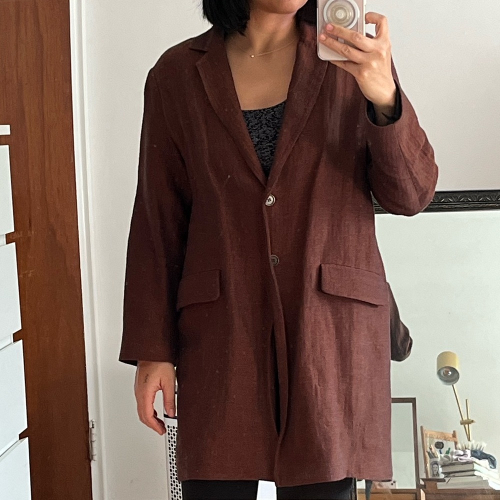 Systemaction oversized woven two-button blazer in burgundy